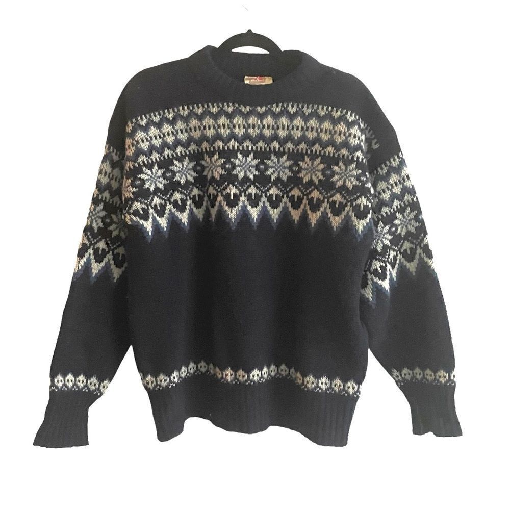 SCANDINAVIAN Vintage Wool Crew Neck Long Sleeve Sweater Navy Blue White L